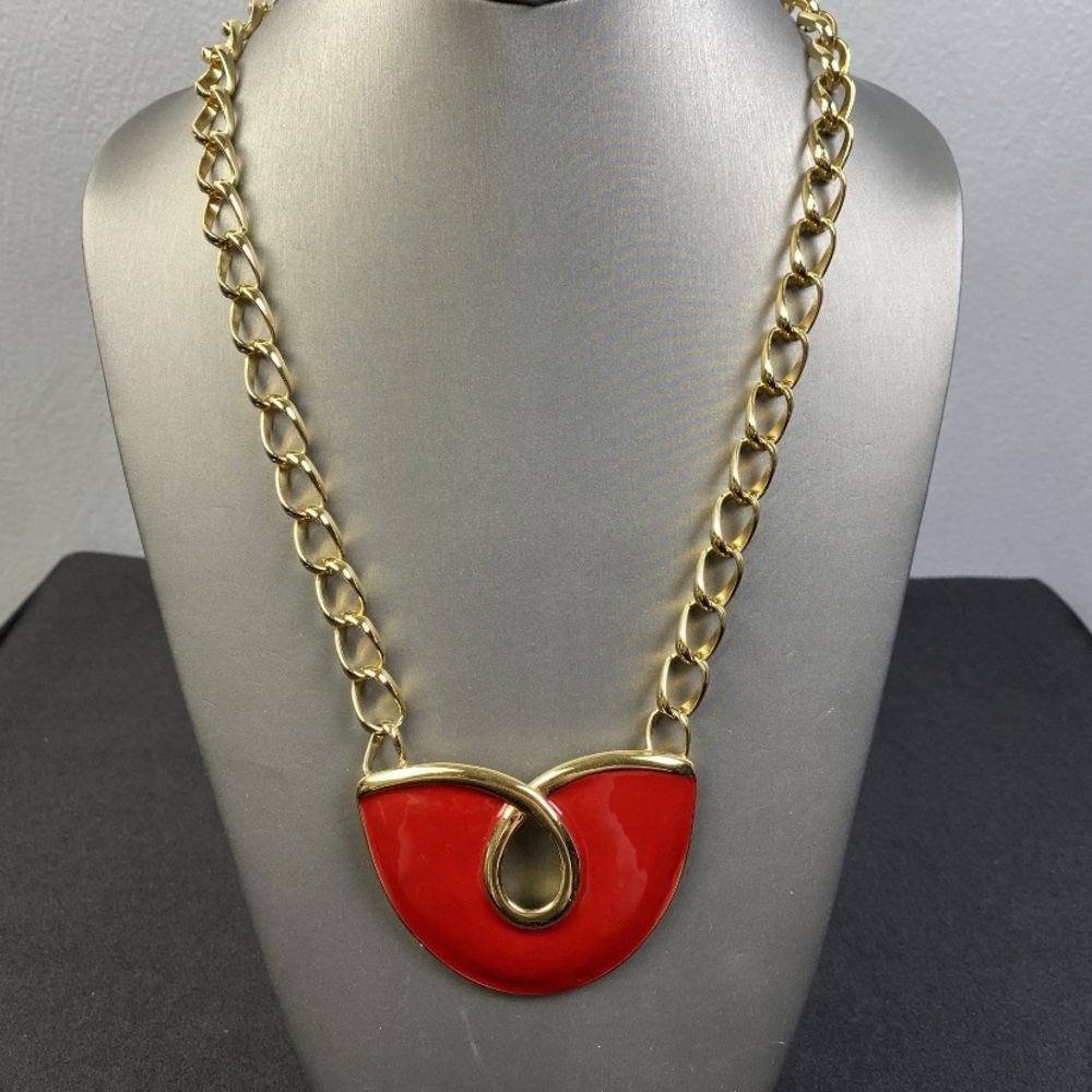 Vintage Monet Necklace Statement Red Enamel GoldTone 24.5" Long